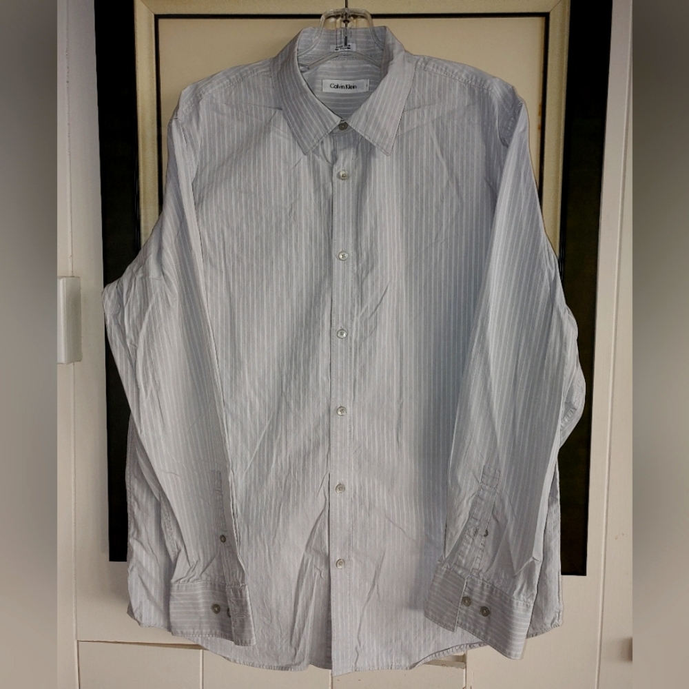 Calvin Klein Grey/White Striped Long Sleeve Regular Fit Shirt Large 100% Cotton